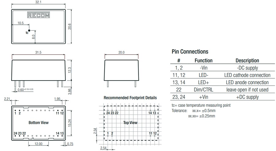Mechanical Drawing - RECOM Power RCDE-48 Constant Current Buck LED Drivers